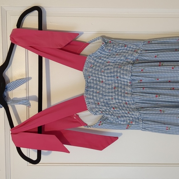 Girly Cherry Picnic Dress Blue Pink Gingham Comfy Rayon Jersey Ribbon Tie Straps - Picture 4 of 5